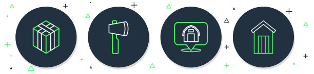 设置线木斧，位置农场房子，捆干草和户外厕所图标。向量图片下载