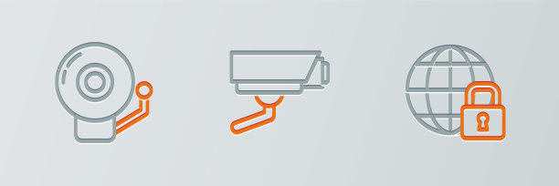 设置线路“全局锁定”、“响警铃”和“安全摄像头”图标。向量图片下载