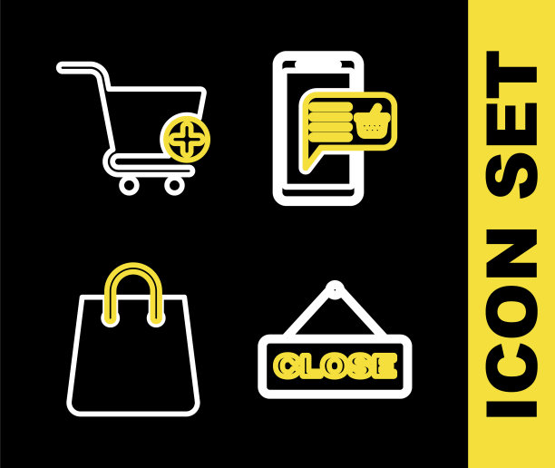 设置线移动和购物篮，挂标志与关闭，手袋和添加到购物车图标。向量图片下载