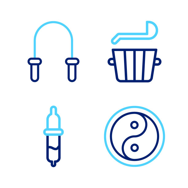 设置线阴阳、移液器、桑拿桶和水桶、跳绳图标。向量图片下载