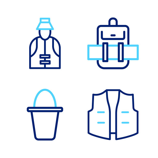 设置线钓鱼夹克，水桶，徒步旅行背包和渔民图标。向量图片下载