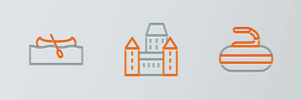 设置线石冰壶，皮划艇和Chateau Frontenac酒店图标。向量图片下载