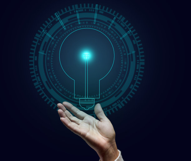 全息灯和女性的手在一个深蓝色的背景。新概念，头脑风暴。开设有利可图的业务图片下载