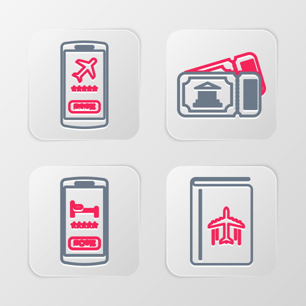 设置在线封面书旅游指南，在线酒店预订，博物馆门票和手机图标。向量图片下载