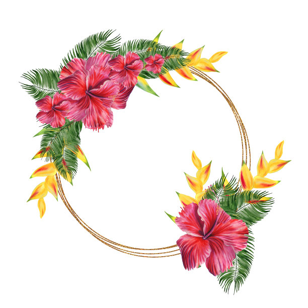 红色的芙蓉花和绿色的棕榈叶水彩框架。热带海里康属植物的明信片。异国情调的婚礼的邀请。夏威夷风格的生日快乐图片下载