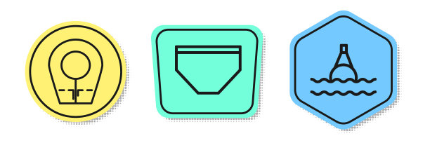 在海上设置潜水帽、泳裤和浮筒。颜色的形状。向量图片下载