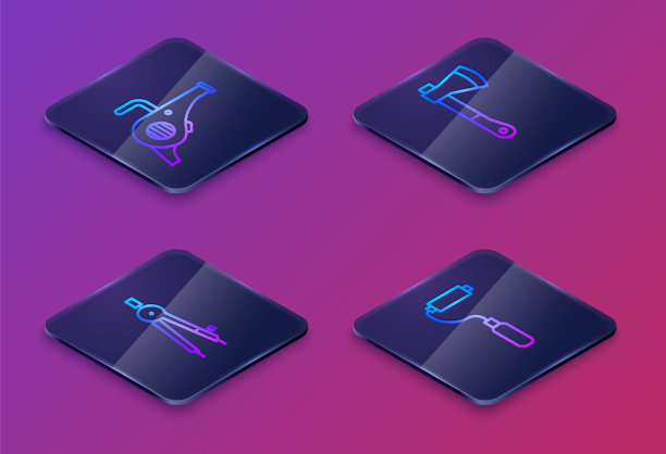 设置等距线园叶风机，绘图圆规，木斧和油漆辊刷。蓝色方块按钮。向量图片下载