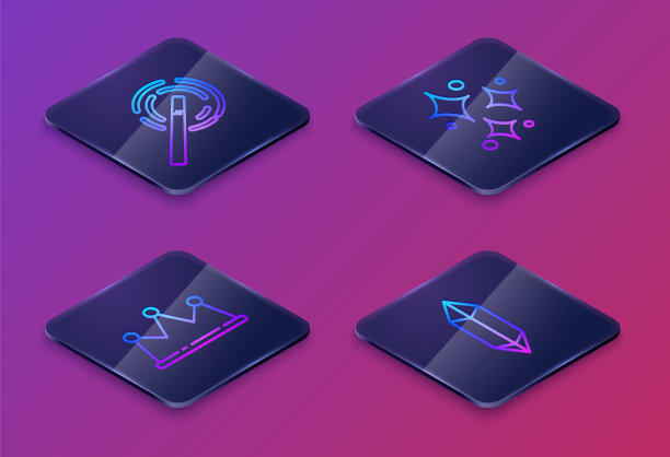 设置等距线魔术棒，皇冠，闪烁星与魔法闪光和魔法石。蓝色方块按钮。向量图片下载