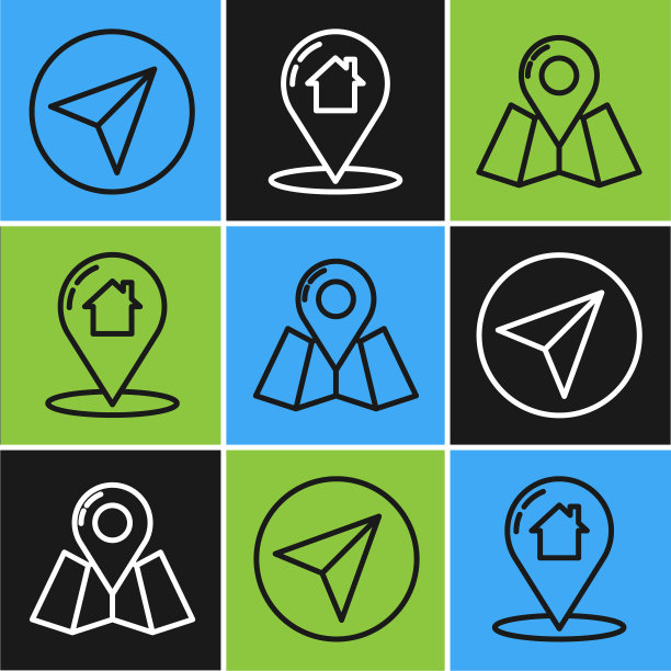 设置线纸飞机，折叠地图与位置标记和地图指针与房屋图标。向量图片下载