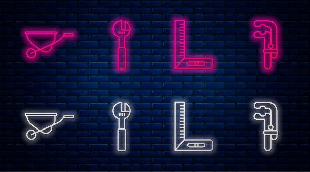 活动扳手、角尺、手推车、夹紧工具。砖墙上闪烁的霓虹灯图标。向量图片下载