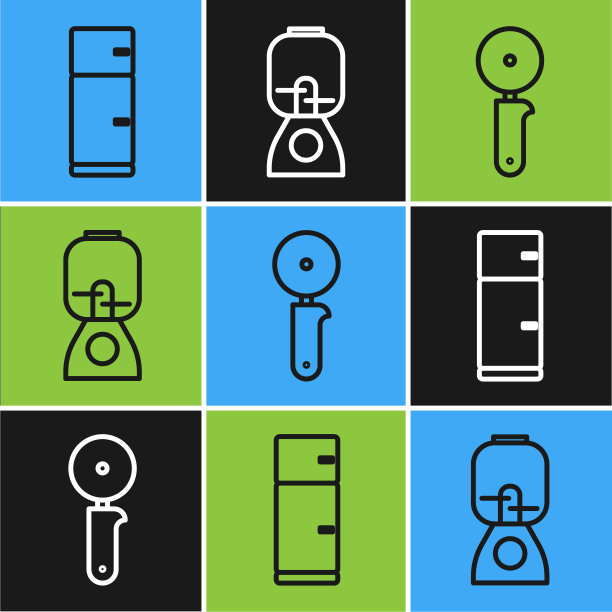 设置行冰箱，披萨刀和搅拌机图标。向量图片下载