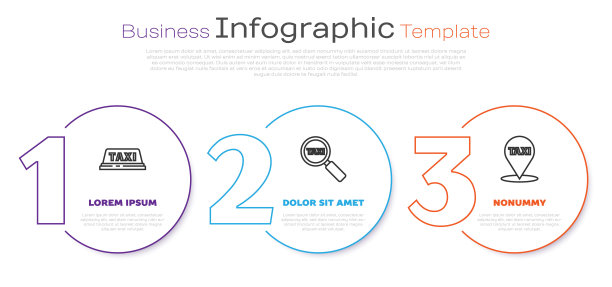 设置出租车车顶、放大镜、出租车、地图指针与出租车。业务信息模板。向量图片下载
