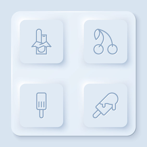 集巧克力棒、樱桃、雪糕于一体。白色正方形按钮。向量图片下载