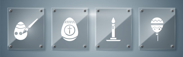 气球与彩带，燃烧蜡烛在烛台，复活节彩蛋和复活节彩蛋和画笔。方形玻璃面板。向量图片下载