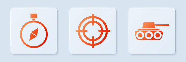 设置目标运动，指南针和军事坦克。白色正方形按钮。向量图片下载