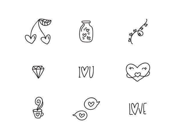 一套不同的涂鸦元素为婚礼，情人节和吻日设计图标。手绘单线艺术漫画矢量插图。浪漫元素图片下载