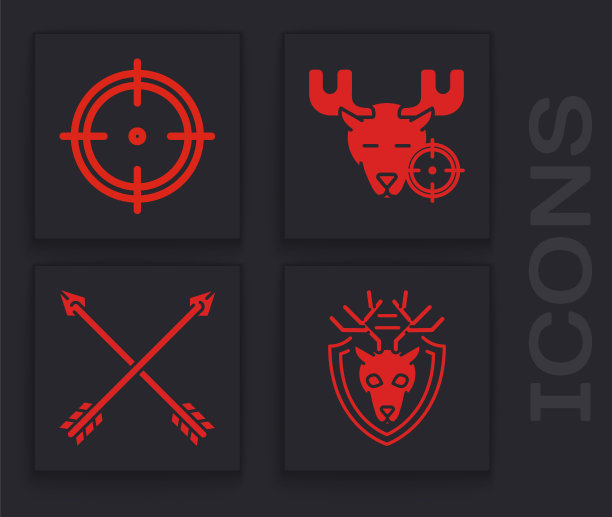 在盾牌上设置有鹿角的鹿头，射击比赛的目标运动，用十字准星和交叉箭头图标在驼鹿上狩猎。向量图片下载