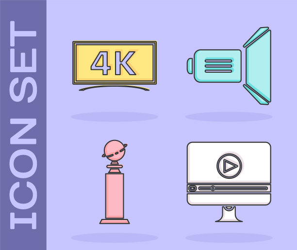设置在线播放视频，屏幕电视4k超高清视频技术，奖杯金球奖和电影聚光灯图标。向量图片下载