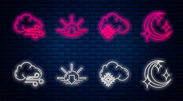 日落，有雪的云，有风的天气，月亮和星星。砖墙上闪烁的霓虹灯图标。向量图片下载