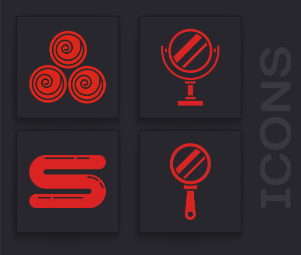 设置手镜，毛巾卷，圆形化妆镜和毛巾图标。向量图片下载