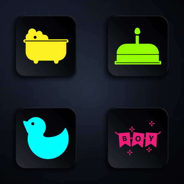 用旗帜、婴儿浴缸、橡皮鸭和点燃蜡烛的蛋糕装饰狂欢节花环。黑色方形按钮。向量图片下载