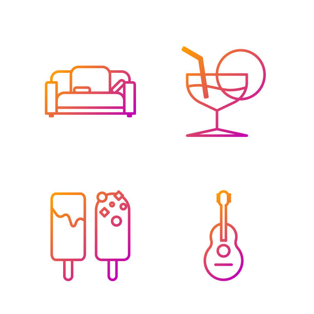 设置线吉他，冰淇淋，沙发和马提尼杯。渐变颜色图标。向量图片下载