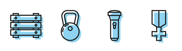设置行手电筒，军事弹药盒，壶铃和军事奖励奖章图标。向量图片下载