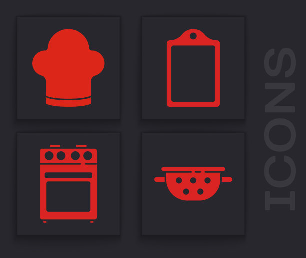 设置厨房滤器，厨师帽，砧板和烤箱图标。向量图片下载