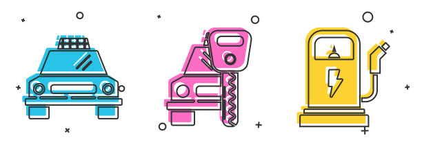 设置出租车、汽车租赁和电动汽车充电站图标。向量图片下载