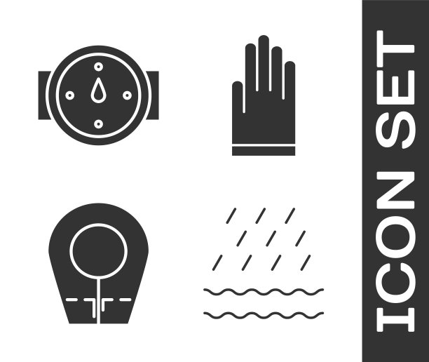 设置雨和浪，风玫瑰，潜水帽和手套图标。向量图片下载