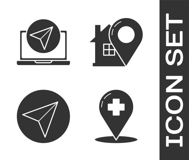 设置医疗地图指针与跨医院，信息图的城市地图导航，纸飞机和地图指针与住宅图标。向量图片下载