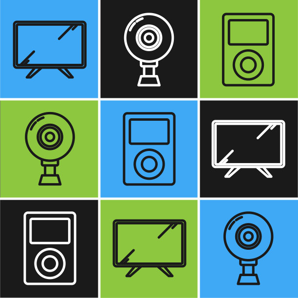 设置线智能电视，音乐播放器和网络相机图标。向量图片下载
