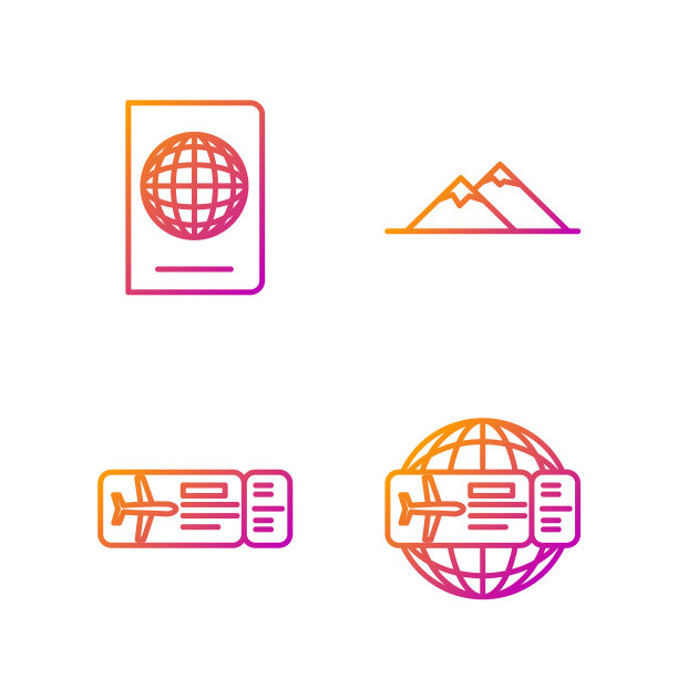 设置航线机票，机票，护照与生物特征数据和山脉。渐变颜色图标。向量图片下载