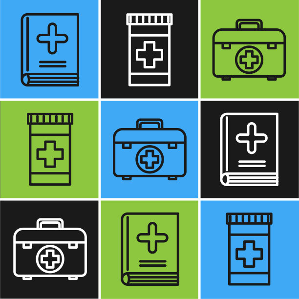 设置行医疗书，急救箱和药瓶图标。向量图片下载