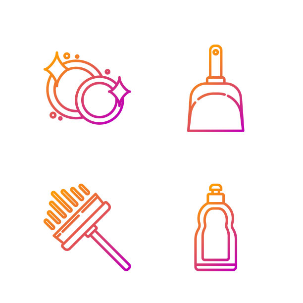 集洗碗液、刮板、刮水器、洗碗器、簸箕塑料瓶于一体。渐变颜色图标。向量图片下载