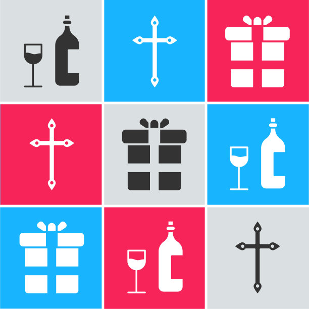 设置酒瓶与玻璃，基督教十字架和礼盒图标。向量图片下载