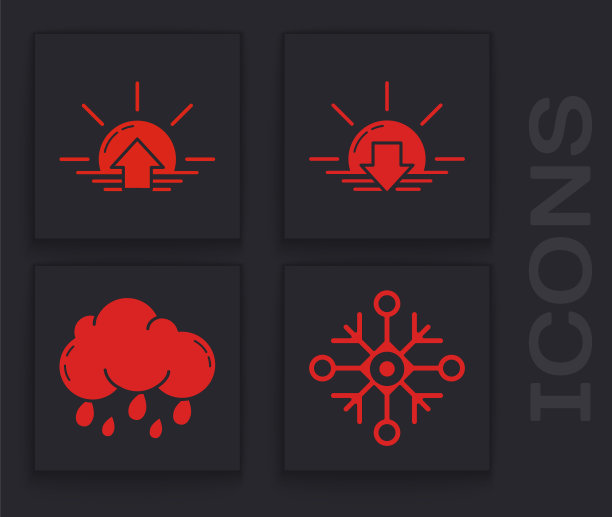 设置雪花，日出，日落和云与雨的图标。向量图片下载