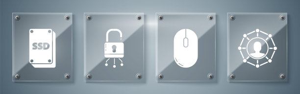 设置项目团队基地，电脑鼠标，数字电路板和SSD卡锁定。方形玻璃面板。向量图片下载