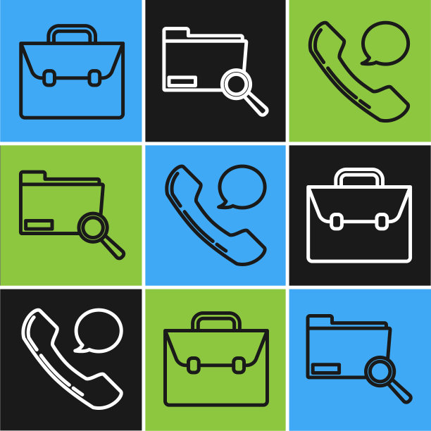 设置线路公文包，电话听筒和语音气泡聊天和搜索概念与文件夹图标。向量图片下载