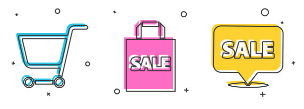 设置购物车，购物袋与销售和悬挂标志与销售图标。向量图片下载