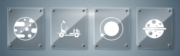 设置土星行星、地球轨道卫星、火星探测器和火星行星。方形玻璃面板。向量图片下载