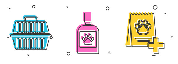 设置宠物手提箱，狗药瓶和袋的食物为狗图标。向量图片下载