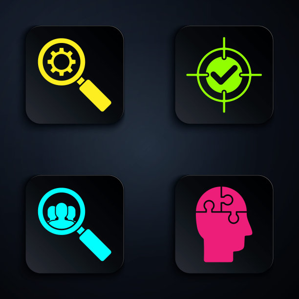 设置人类头部拼图策略，放大镜和齿轮，放大镜用于搜索人和目标和检查标记。黑色方形按钮。向量图片下载