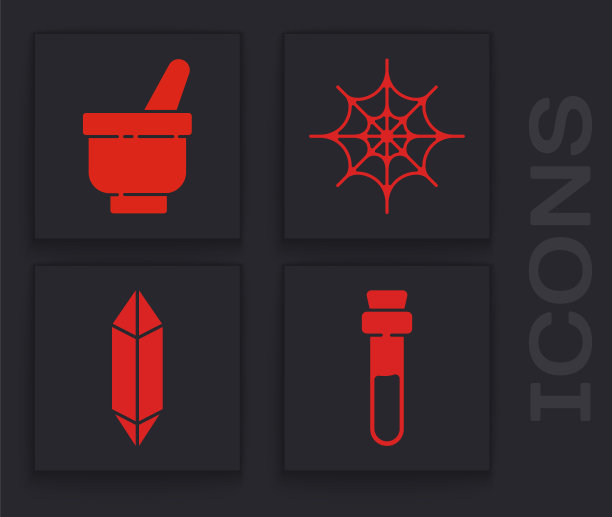 设置瓶子与爱情药水，魔法臼和杵，蜘蛛网和魔法石图标。向量图片下载