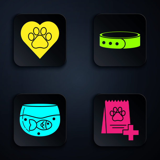 狗粮袋，带动物足迹的心，带鱼的水族馆和带姓名标签的项圈。黑色方形按钮。向量图片下载