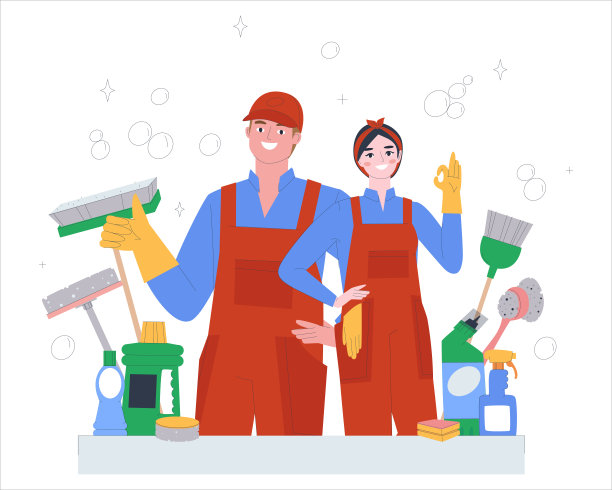 清洁服务理念。一男一女穿着工作服，戴着橡胶手套。手势可以，超级。清洁工具-扫帚，海绵，一桶水，产品，喷雾瓶。图片下载