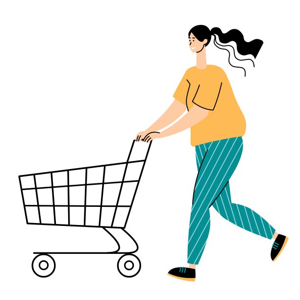 一名年轻女子跑着推着一辆空的购物车。快乐的女人去购物，想有时间进行季节性促销。图片下载