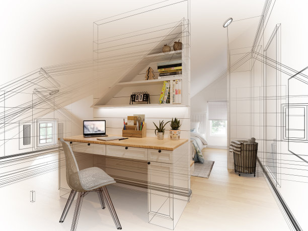 室内阁楼卧室草图设计，三维效果图绘制图片下载