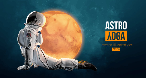 宇航员在火星和太空的背景下做瑜伽。瑜伽练习。矢量图图片下载