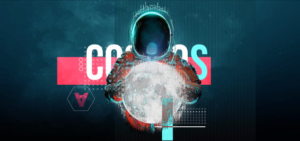 故障宇航员在月球和太空的背景。数字像素噪声抽象设计。矢量图图片下载